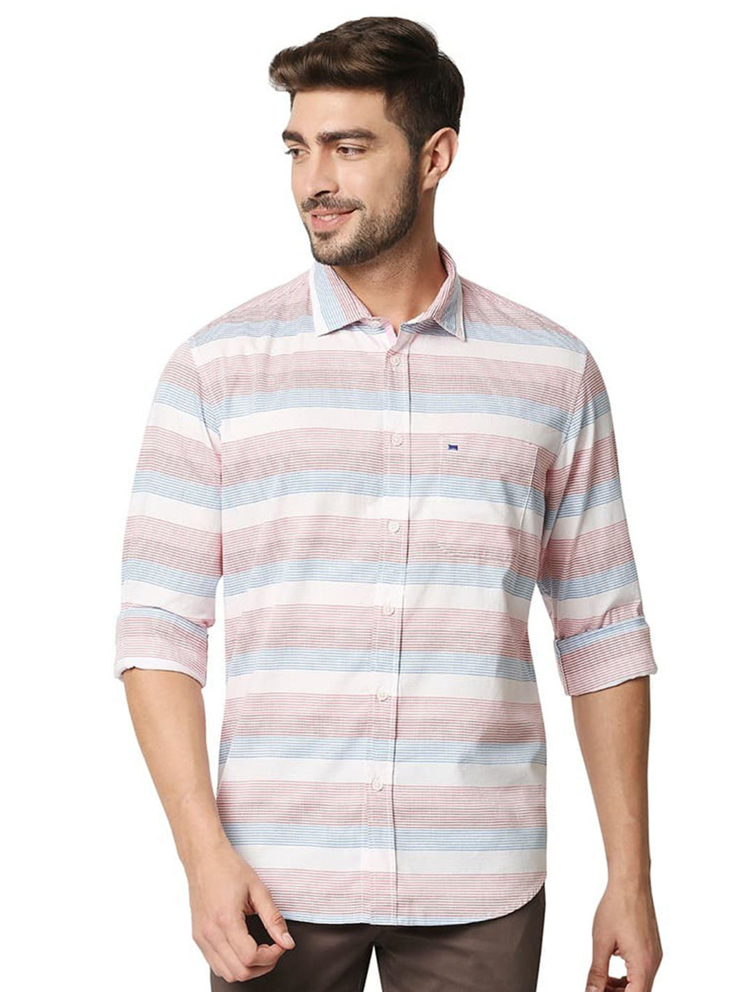 

Basics Slim Fit Horizontal Striped Twill Cotton Casual Shirt, Pink
