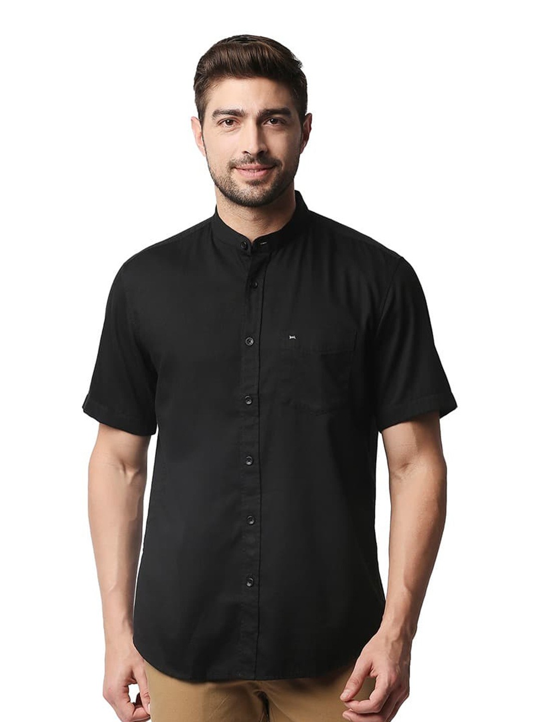 

Basics Band Collar Slim Fit Opaque Casual Shirt, Black