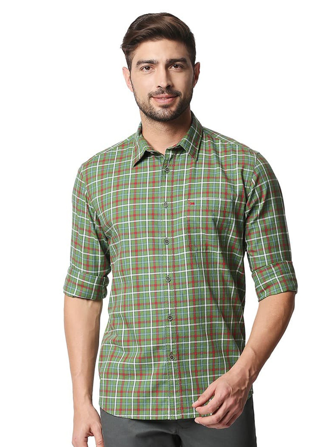 

Basics Slim Fit Tartan Checks Cotton Casual Shirt, Green