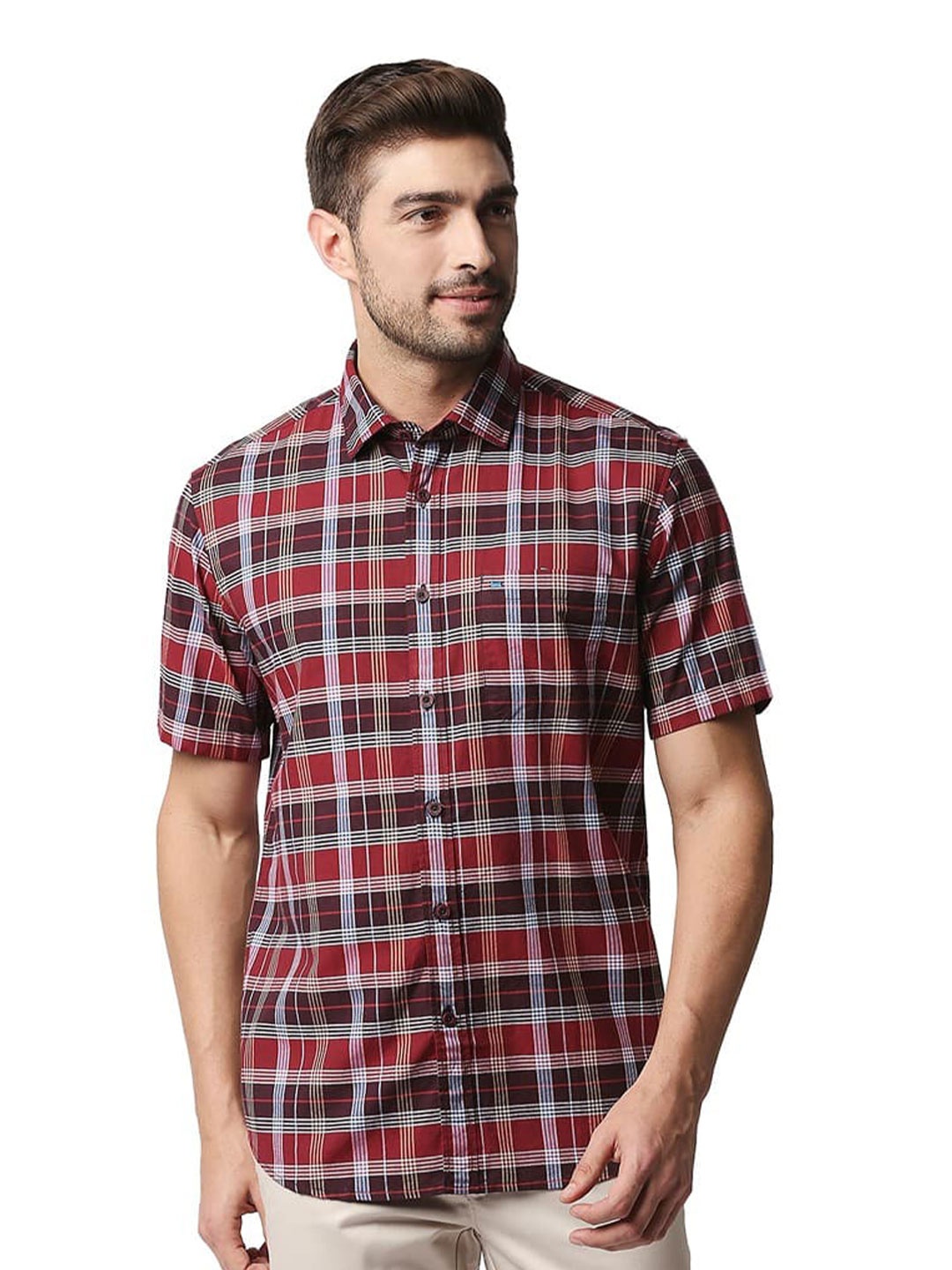 

Basics Slim Fit Tartan Checks Opaque Cotton Casual Shirt, Maroon