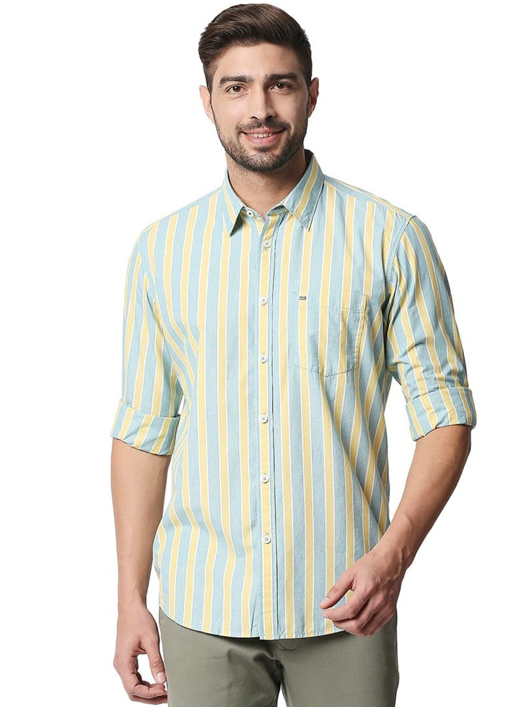 

Basics Slim Fit Cotton Opaque Striped Casual Shirt, Yellow