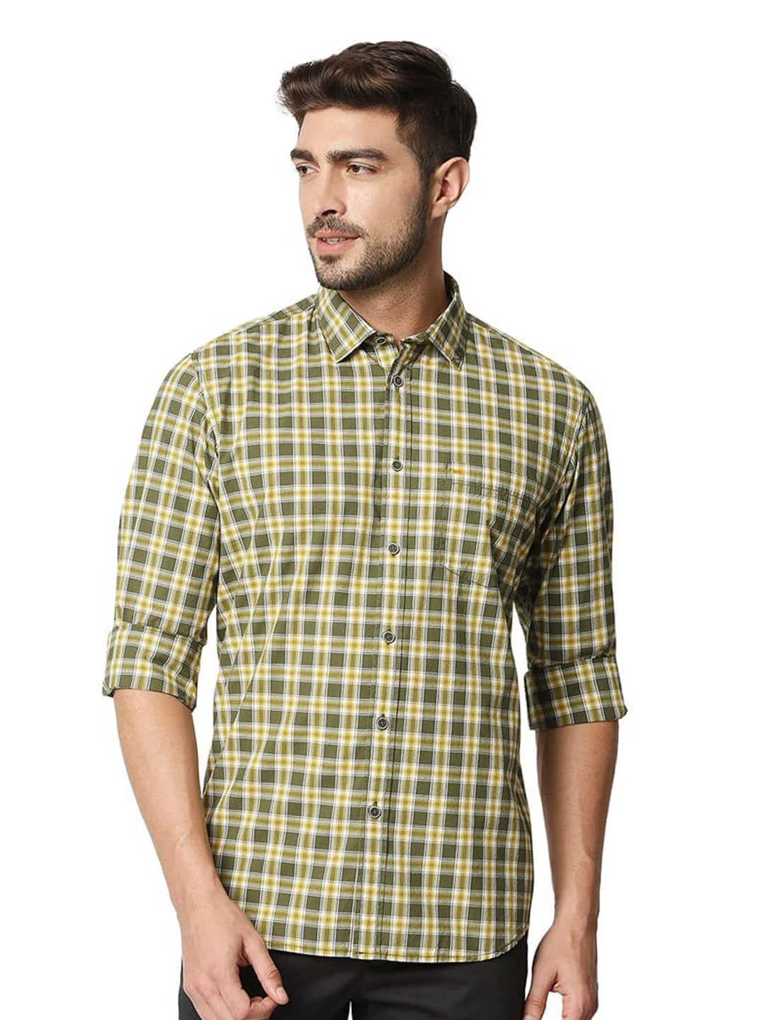 

Basics Slim Fit Cotton Checked Casual Shirt, Green
