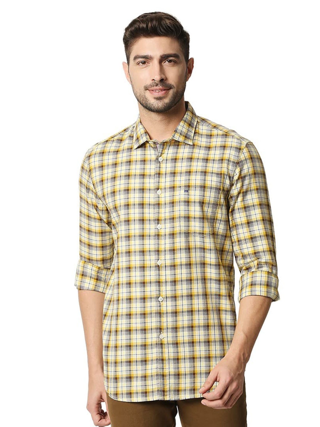 

Basics Slim Fit Checked Cotton Casual Shirt, Yellow