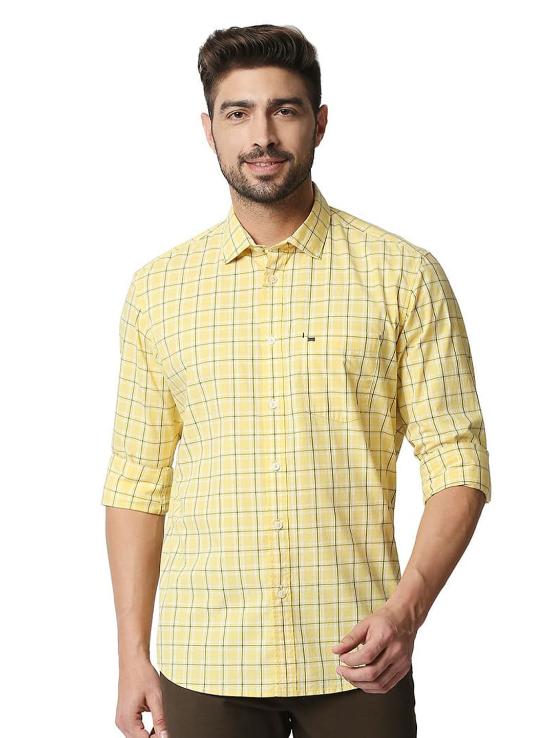 

Basics Spread Collar Checked Slim Fit Opaque Casual Shirt, Yellow