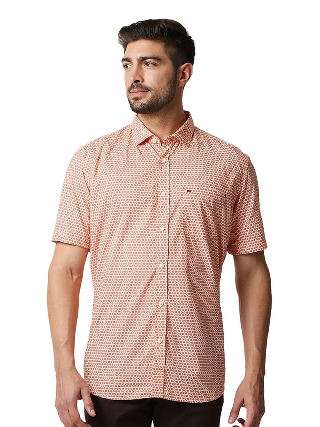 

Basics Spread Collar Poplin Printed Slim Fit Opaque Casual Shirt, Orange