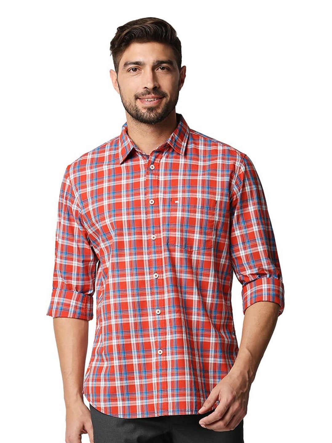 

Basics Slim Fit Tartan Checks Cotton Casual Shirt, Red