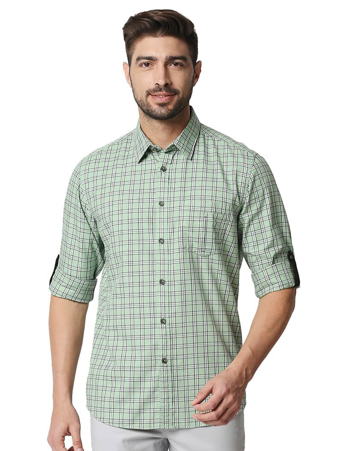 

Basics Slim Fit Opaque Cotton Twill Checked Casual Shirt, Green