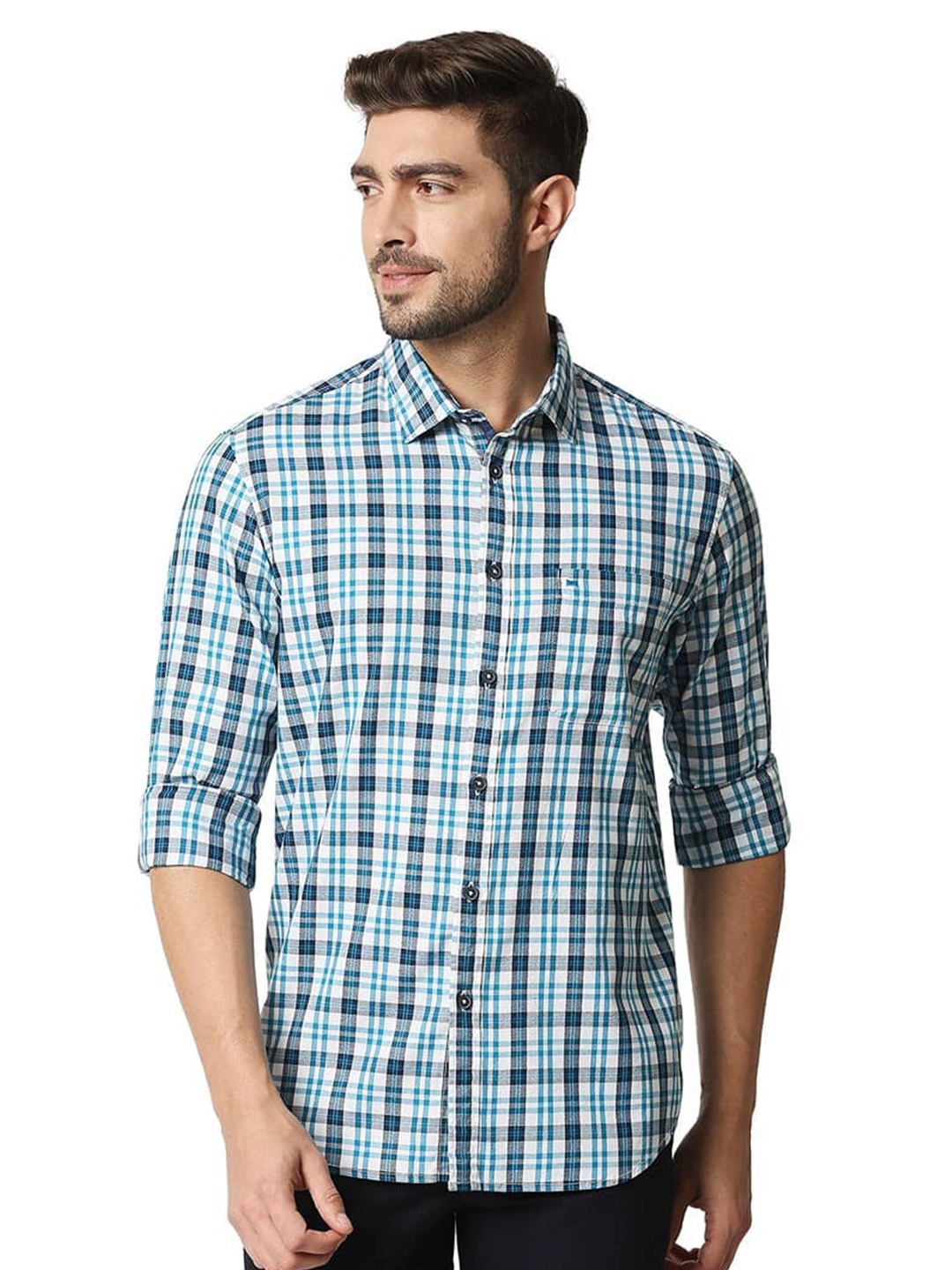 

Basics Slim Fit Tartan Checks Opaque Cotton Casual Shirt, Blue