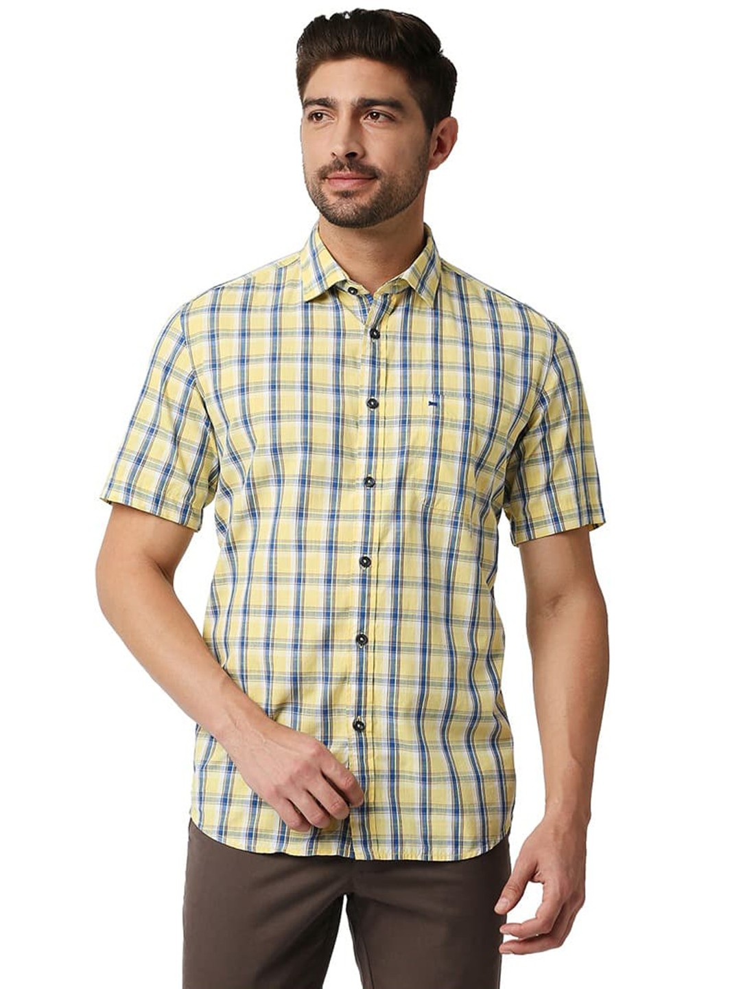 

Basics Slim Fit Tartan Checks Spread Collar Short Regular Sleeves Casual Shirt, Yellow