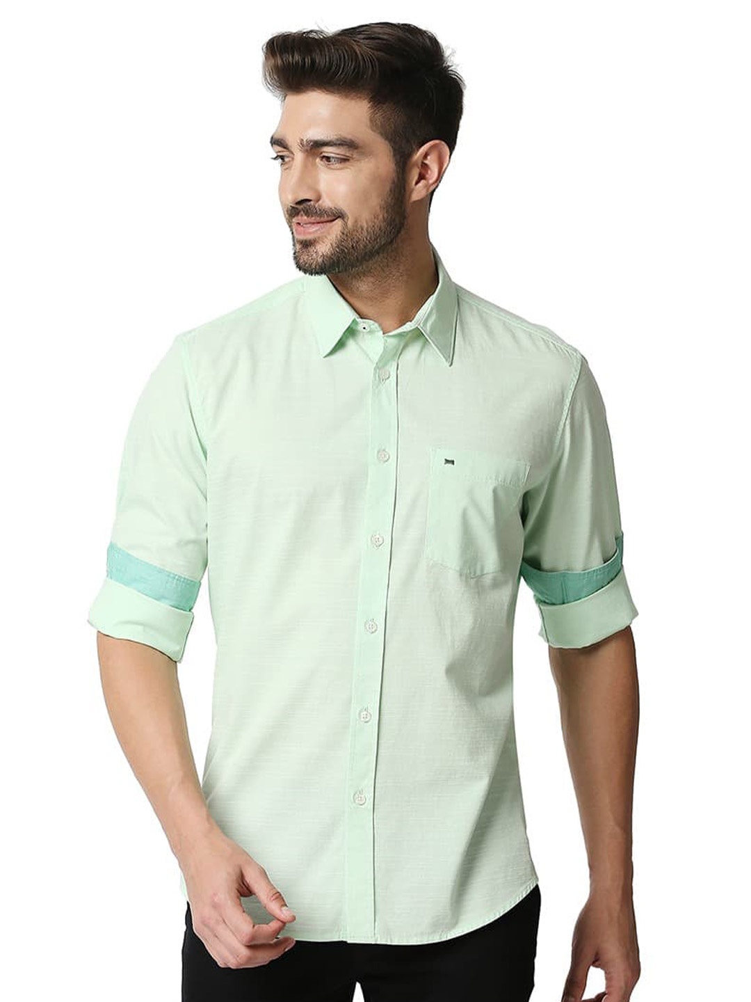

Basics Spread Collar Cotton Slim Fit Curved Printed Casual Shirt, Green