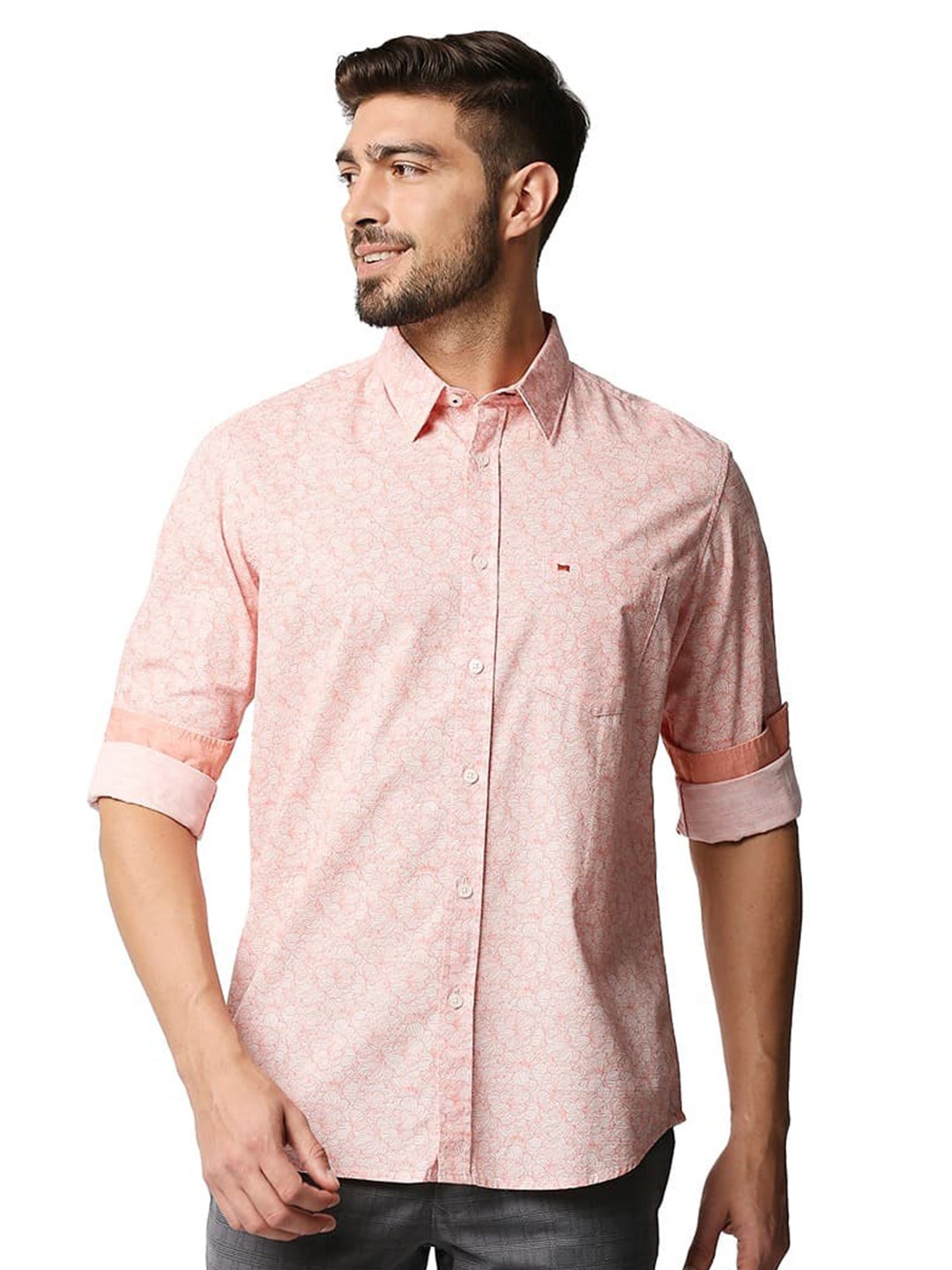 

Basics Slim Fit Floral Printed Long Sleeves Cotton Casual Shirt, Pink