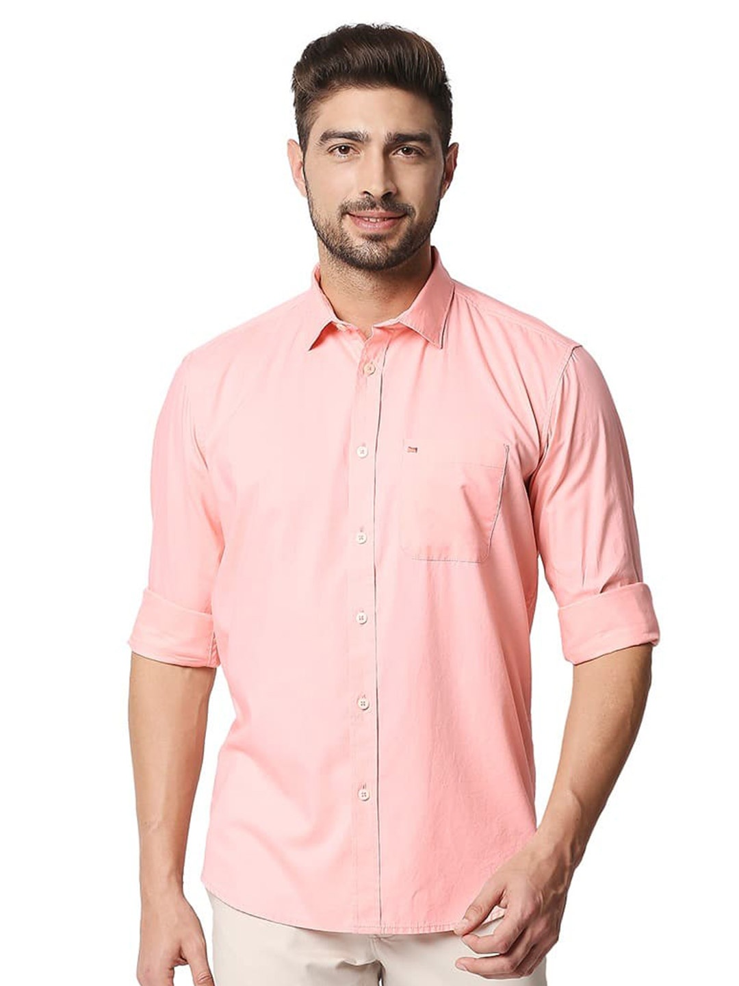 

Basics Slim Fit Spread Collar Long Sleeves Casual Shirt, Pink