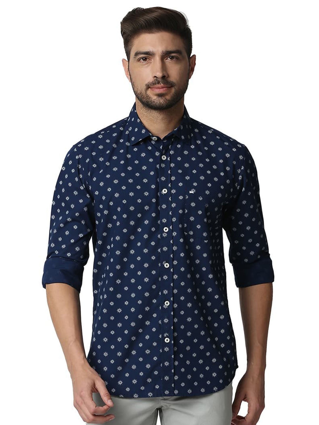 

Basics Slim Fit Printed Cotton Casual Shirt, Blue