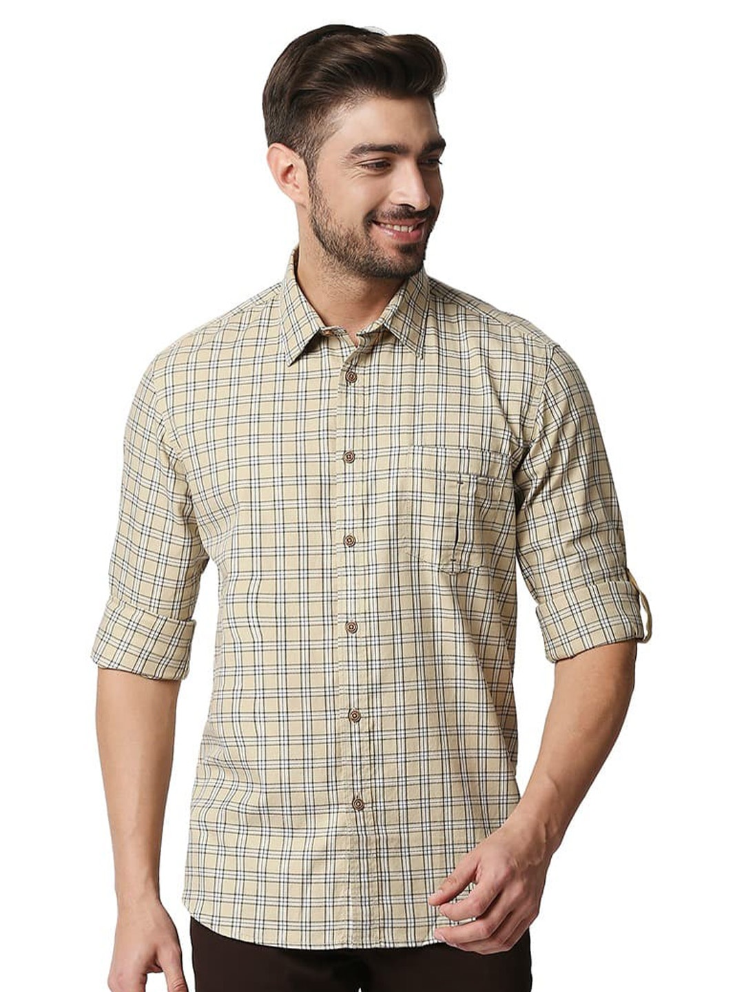 

Basics Spread Collar Cotton Slim Fit Opaque Checked Casual Shirt, Green