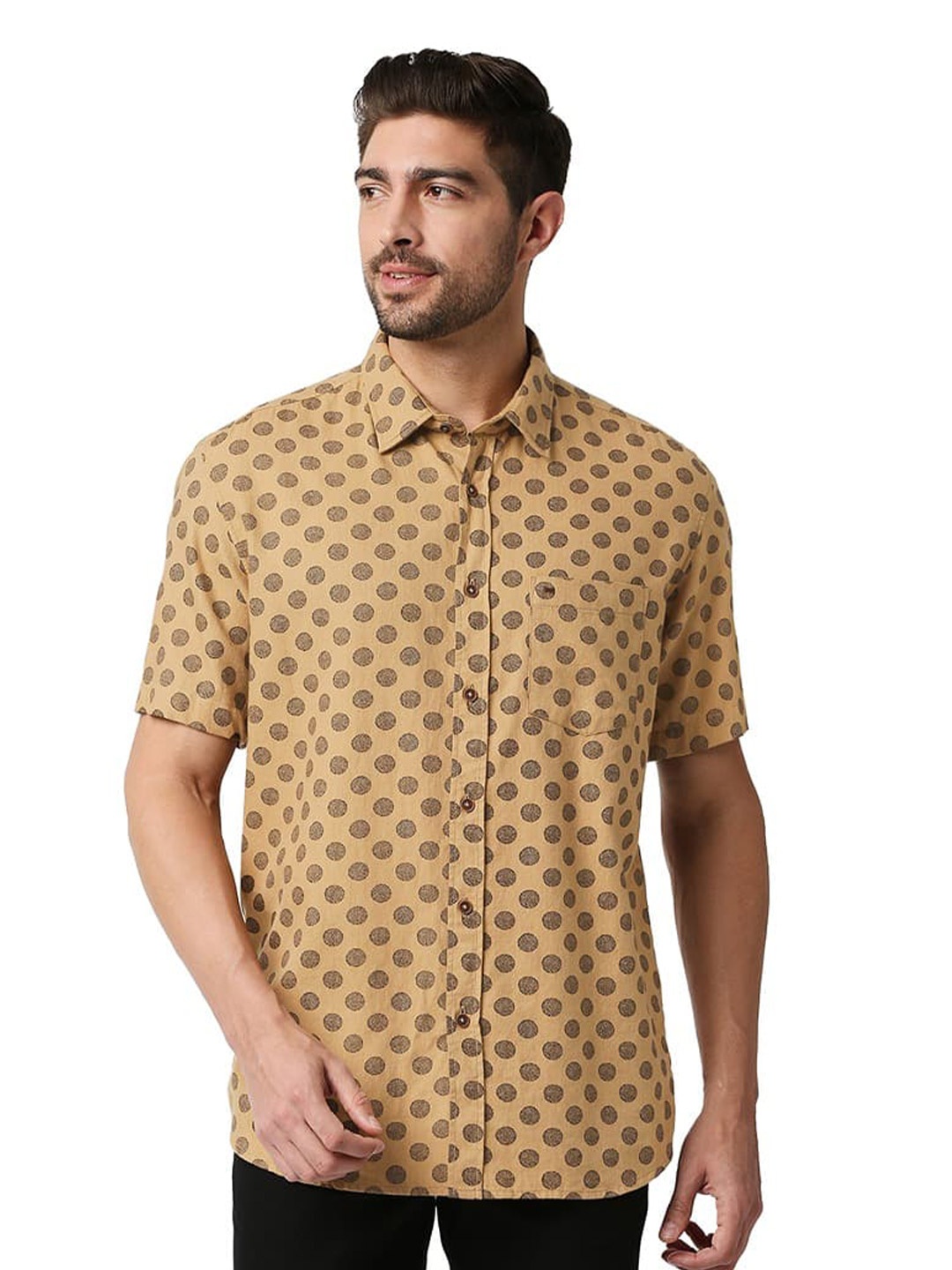 

Basics Slim Fit Geometric Printed Cotton Casual Shirt, Brown