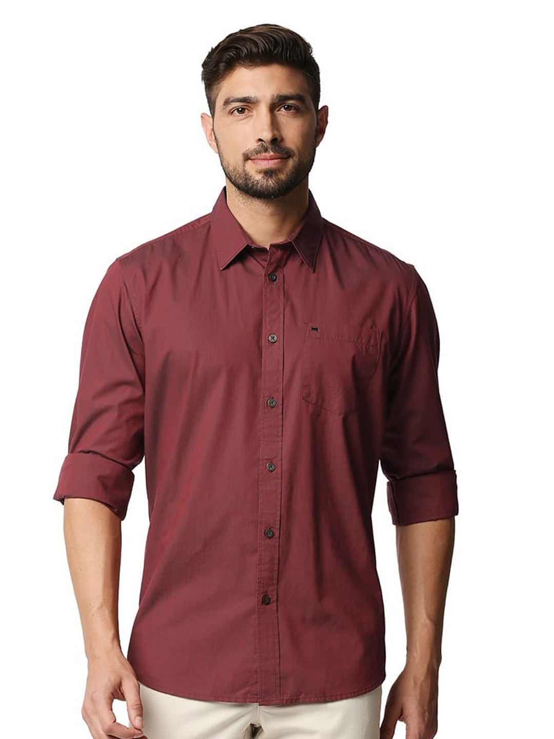 

Basics Spread Collar Slim Fit Opaque Cotton Casual Shirt, Red