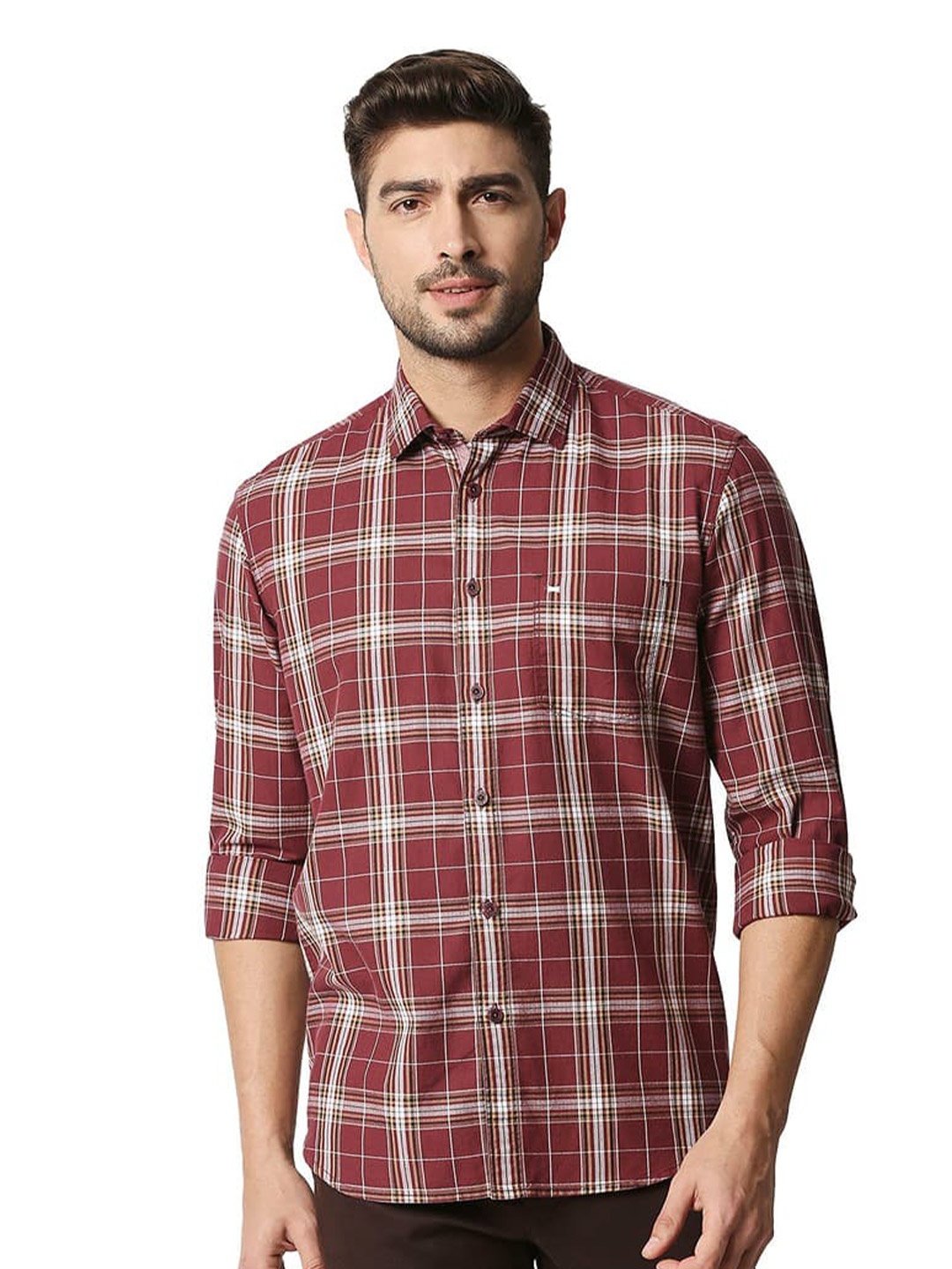 

Basics Maroon Slim Fit Cotton Tartan Checked Casual Shirt