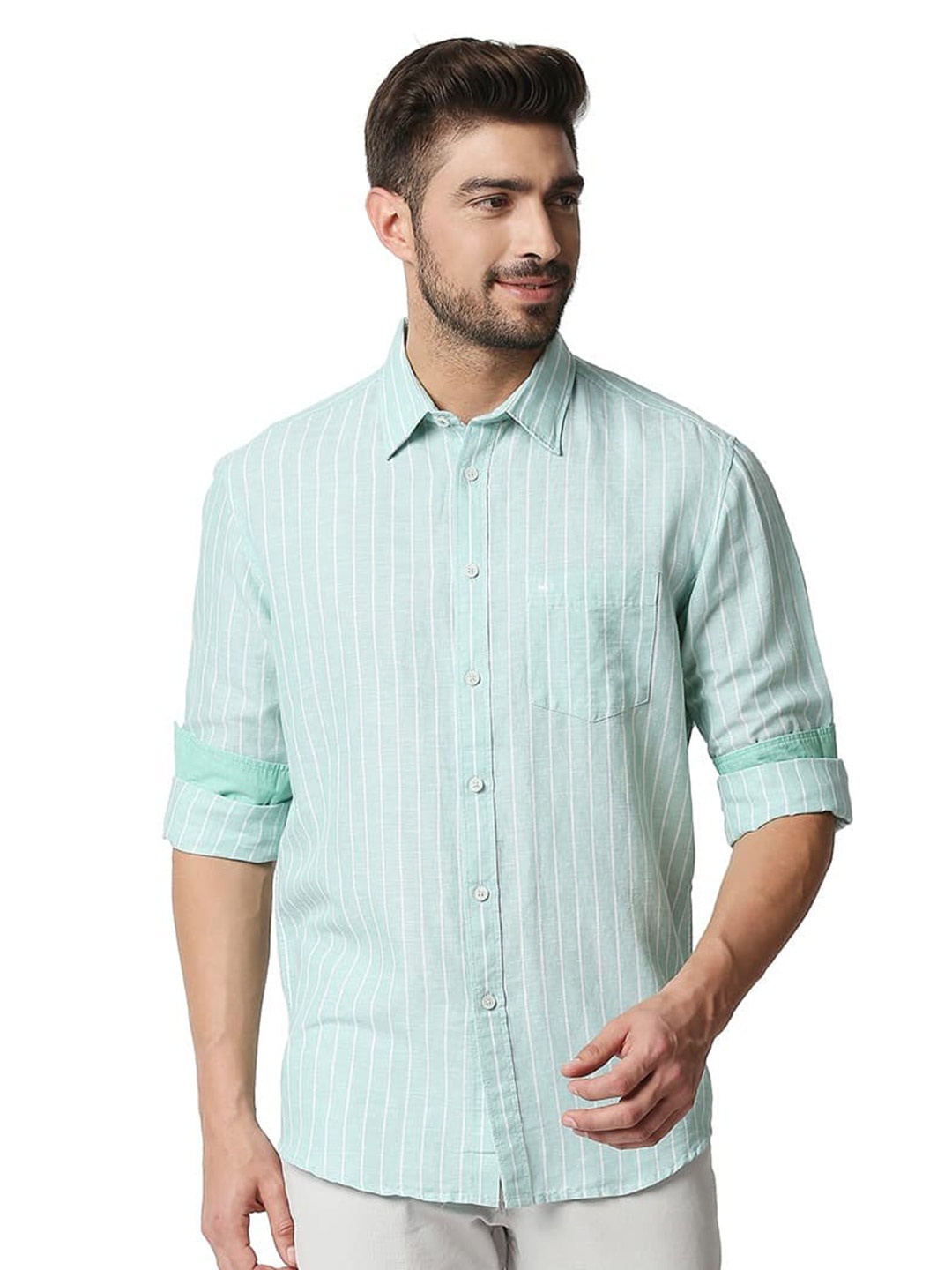 

Basics Slim Fit Striped Opaque Cotton Casual Shirt, Green