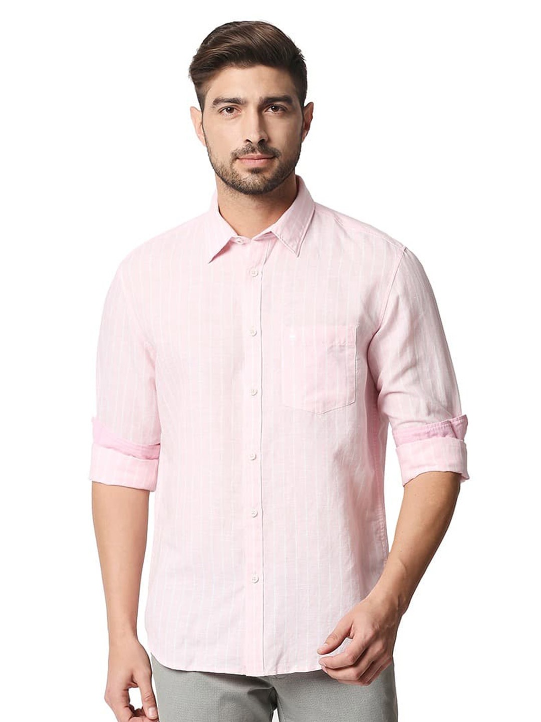 

Basics Spread Collar Long Sleeves Cotton Slim Fit Opaque Casual Shirt, Pink
