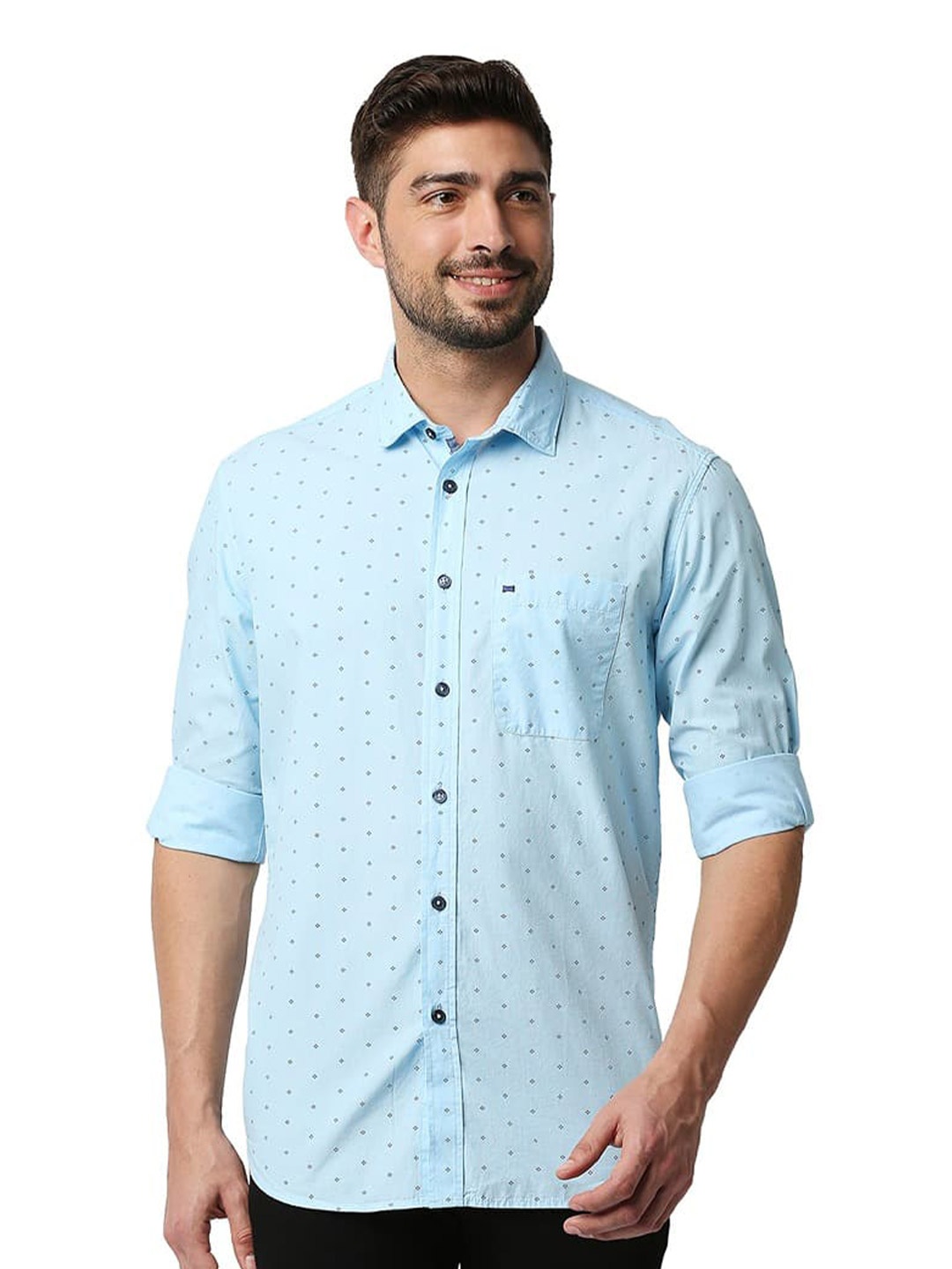 

Basics Slim Fit Micro Ditsy Opaque Cotton Casual Shirt, Blue