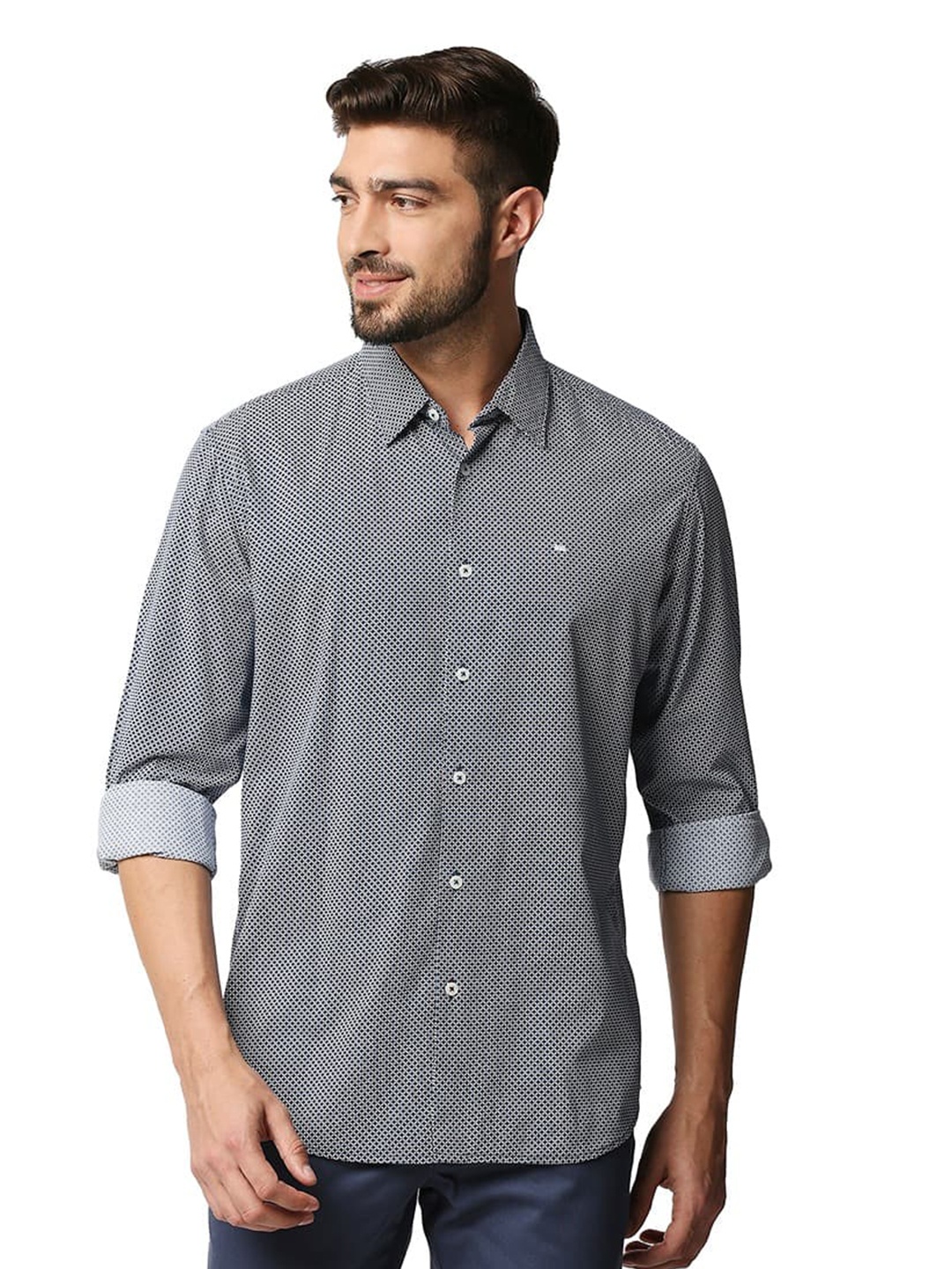 

Basics Slim Fit Opaque Printed Casual Cotton Shirt, Blue