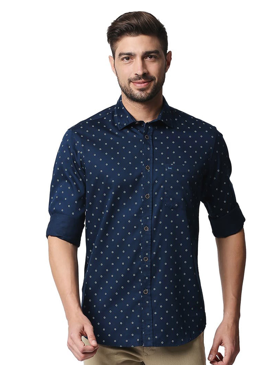 

Basics Spread Collar Micro Ditsy Printed Slim Fit Opaque Casual Shirt, Blue