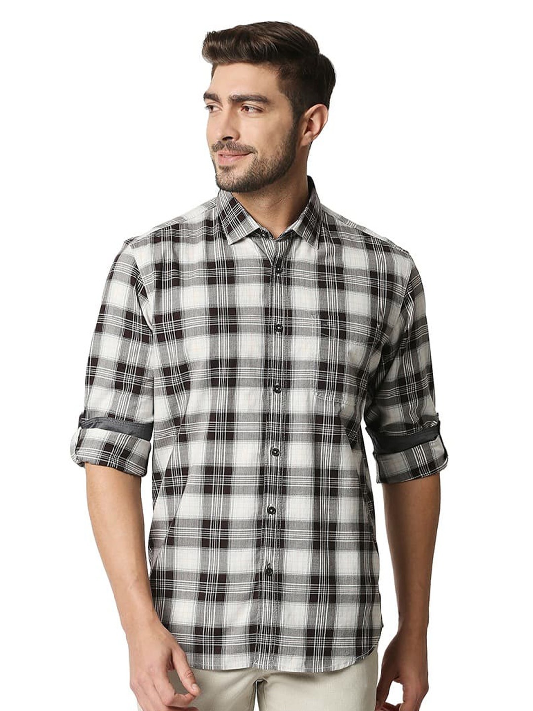 

Basics Tartan Checked Cotton Slim Fit Opaque Casual Shirt, Brown