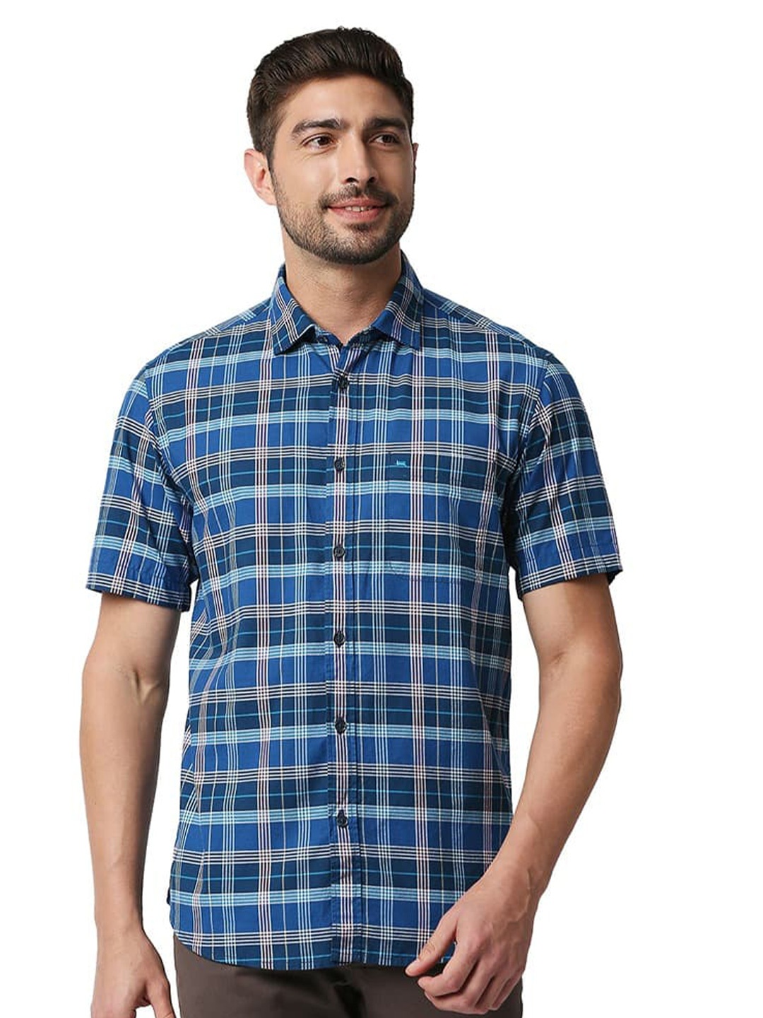 

Basics Oxford Checked Cotton Slim Fit Opaque Casual Shirt, Blue