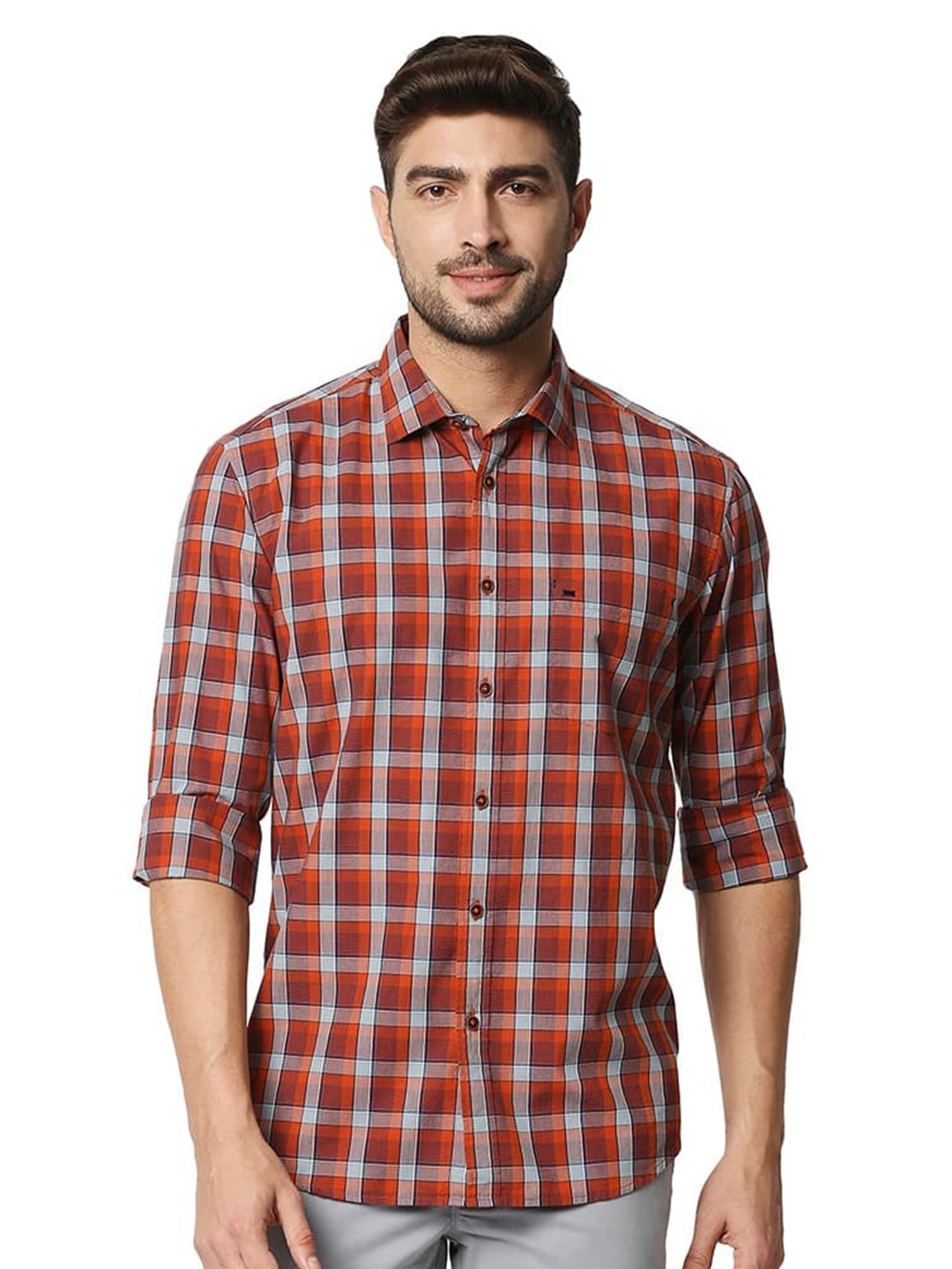 

Basics Checked Cotton Spread Collar Curved Slim Fit Casual Shirt, Orange