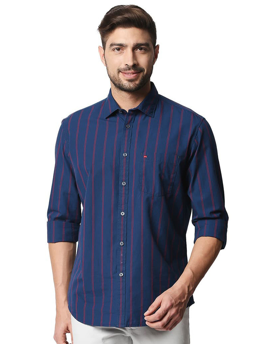 

Basics Vertical Striped Cotton Slim Fit Opaque Casual Shirt, Blue