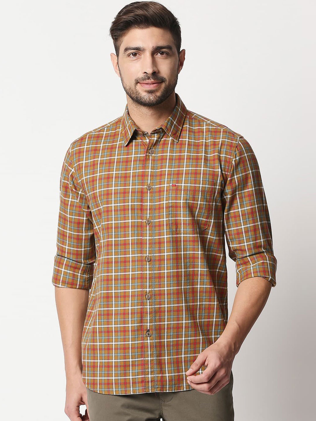

Basics Slim Fit Tartan Checked Cotton Twill Casual Shirt, Brown
