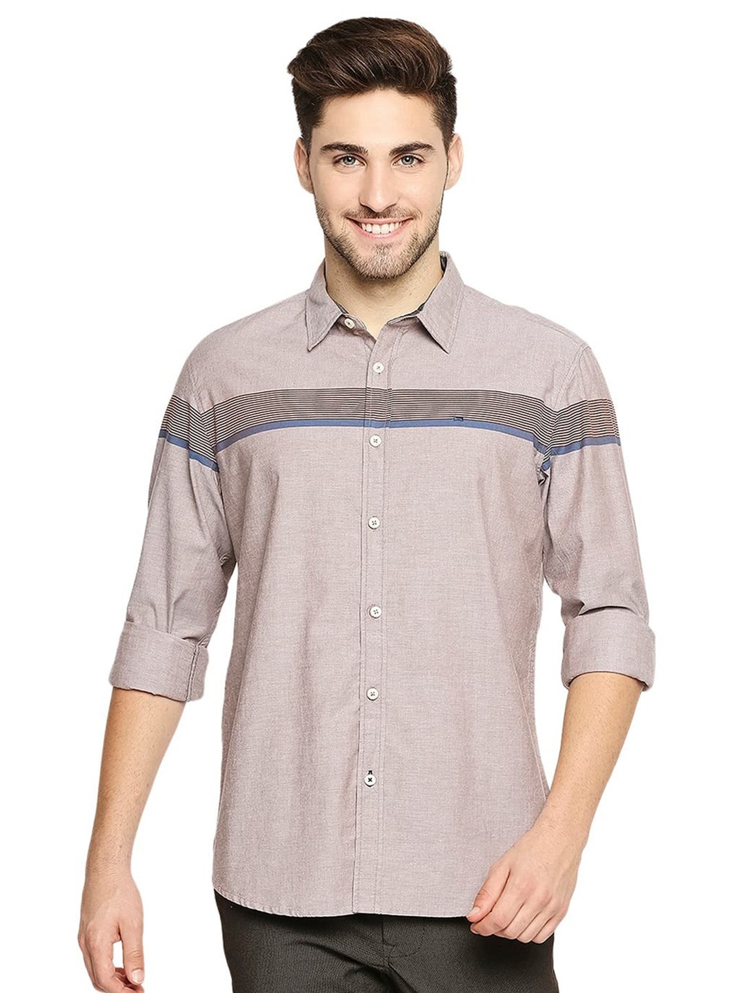 

Basics Horizontal Stripes Cotton Slim Fit Opaque Casual Shirt, Brown