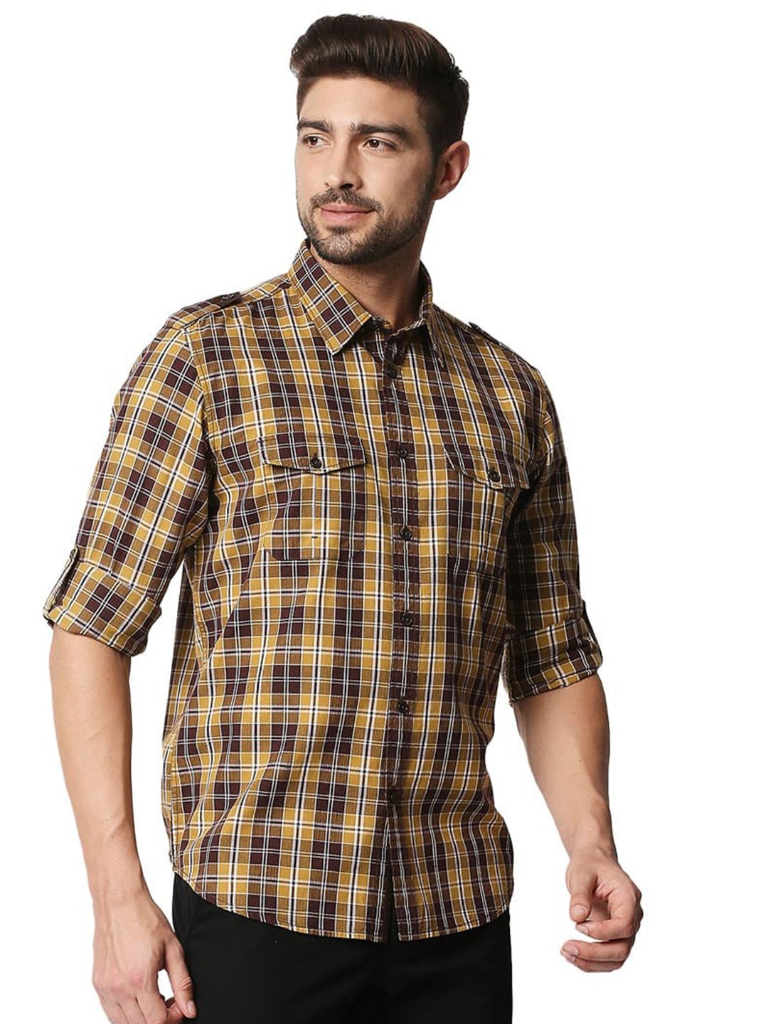 

Basics Slim Fit Tartan Checked Twill Cotton Casual Shirt, Brown