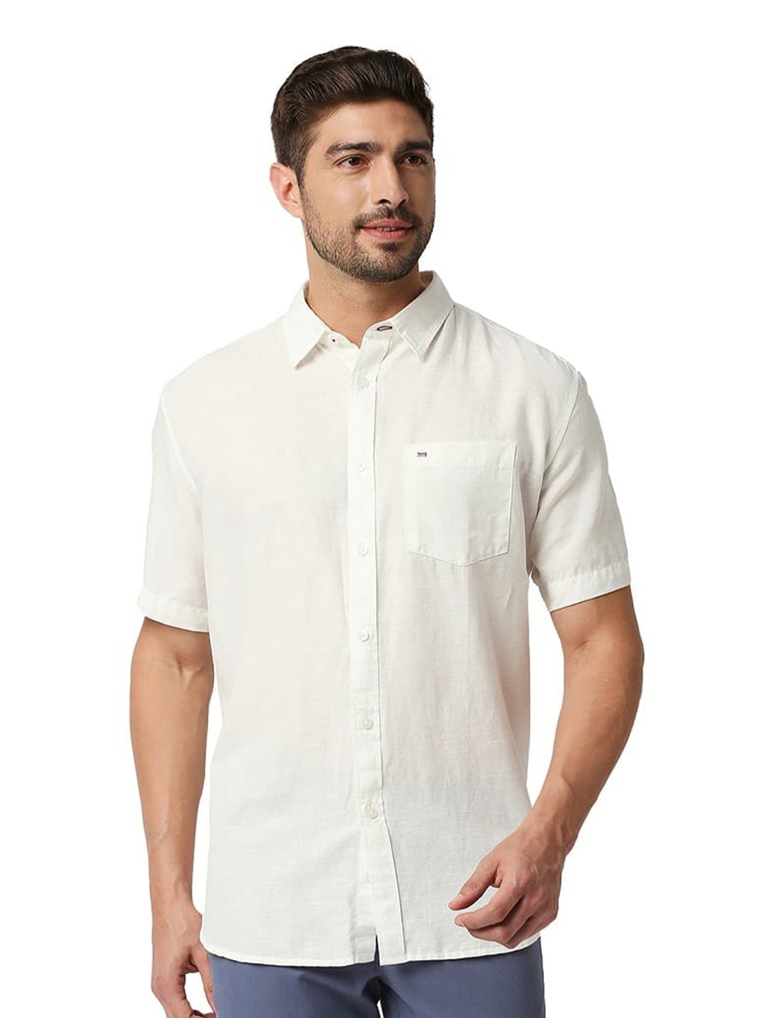

Basics Spread Collar Slim Fit Opaque Cotton Casual Shirt, Off white