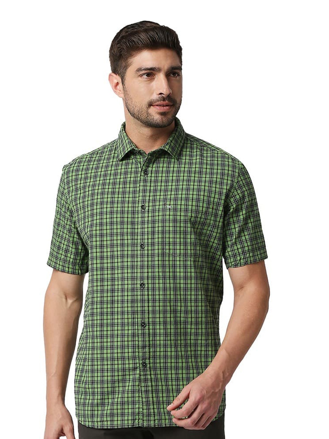 

Basics Slim Fit Checked Cotton Casual Shirt, Green