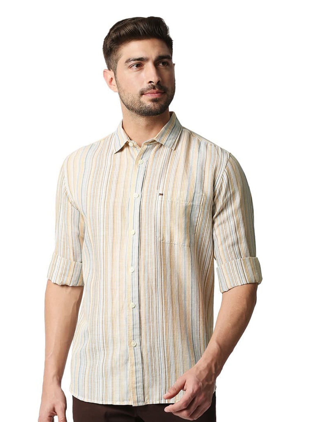 

Basics Cotton Vertical Stripes Casual Slim Fit Shirt, Beige