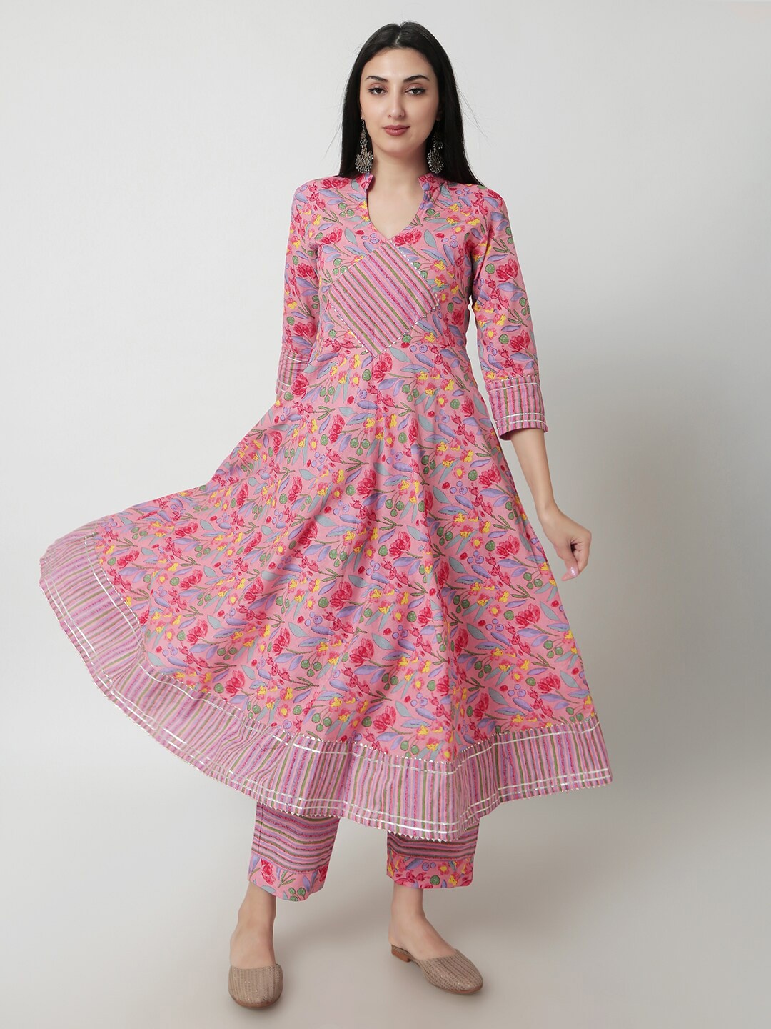 

KALINI Floral Printed Gotta Patti Pure Cotton Anarkali Kurta & Trousers With Dupatta, Peach