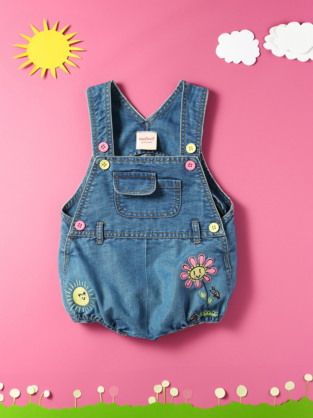 

Nauti Nati Infant Girls Embroidered Pure Cotton Denim Dungaree, Blue