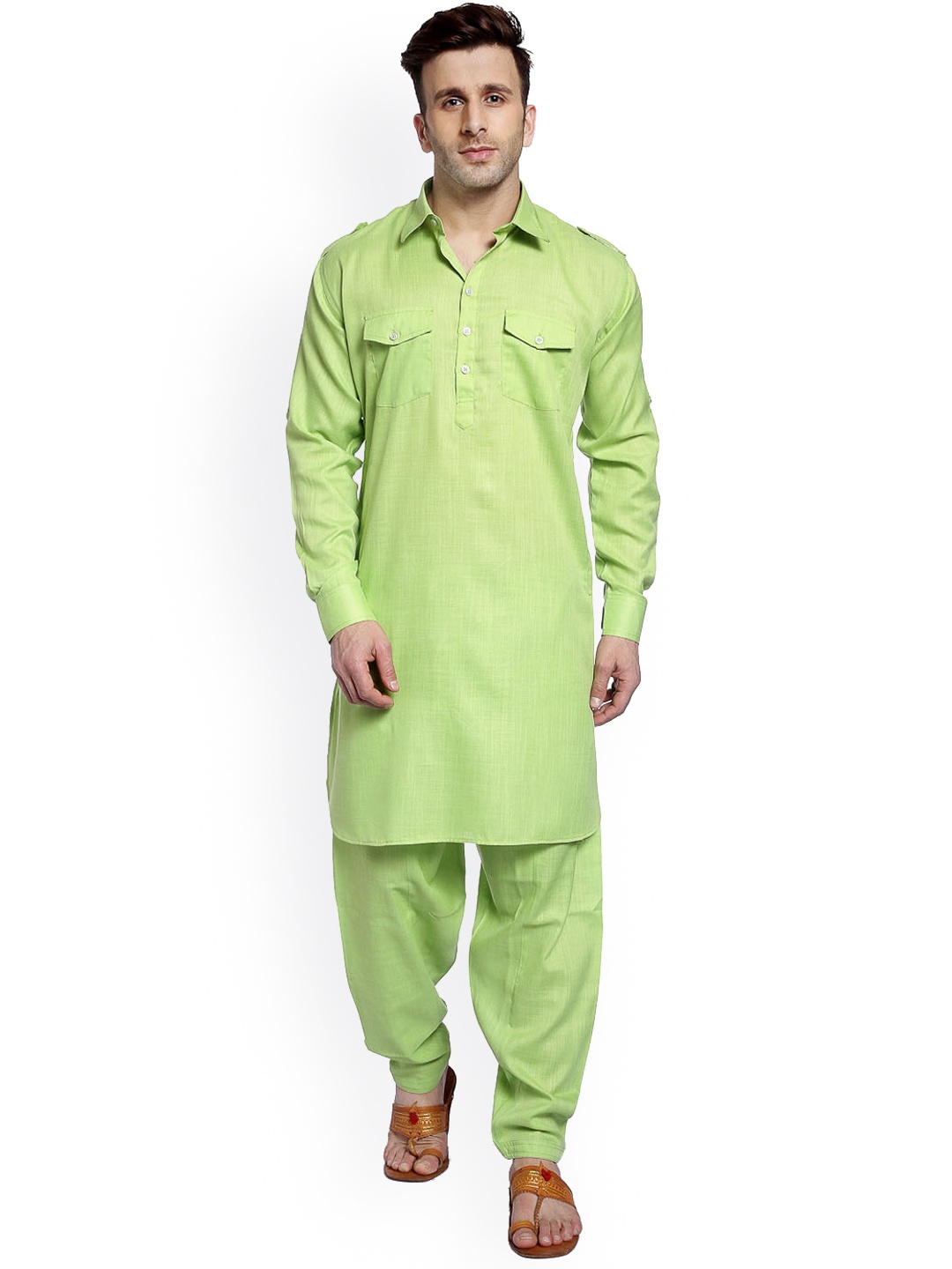 

Hangup Men Green Solid Kurta with Trousers