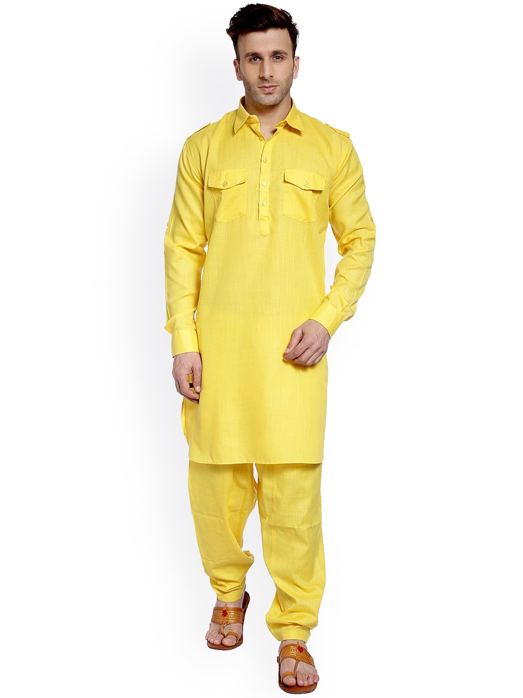 

Hangup Men Yellow Solid Kurta with Trousers