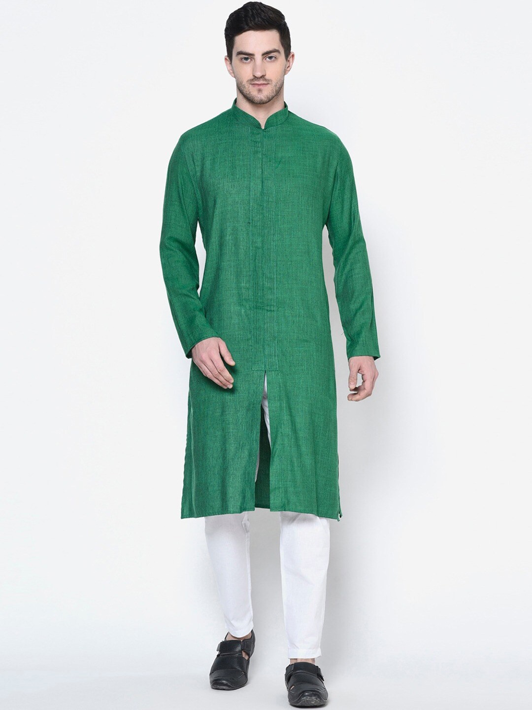 

DEYANN Mandarin Collar Cotton Thread Work Kurta, Green