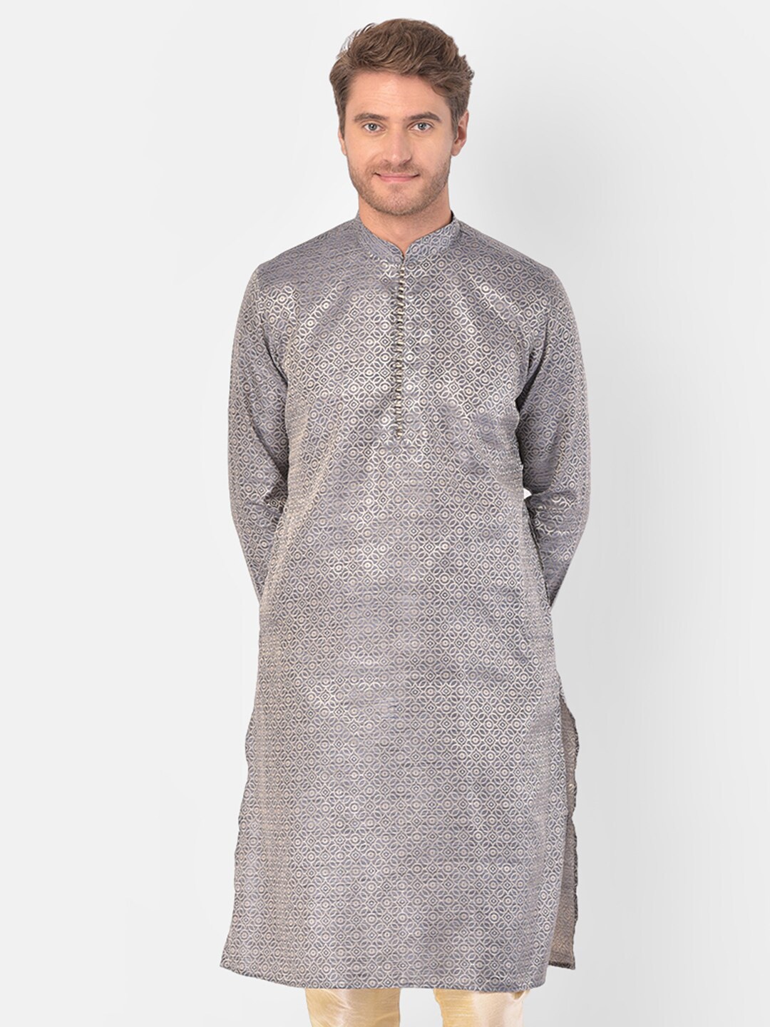 

DEYANN Mandarin Collar Thread Work Kurta, Grey