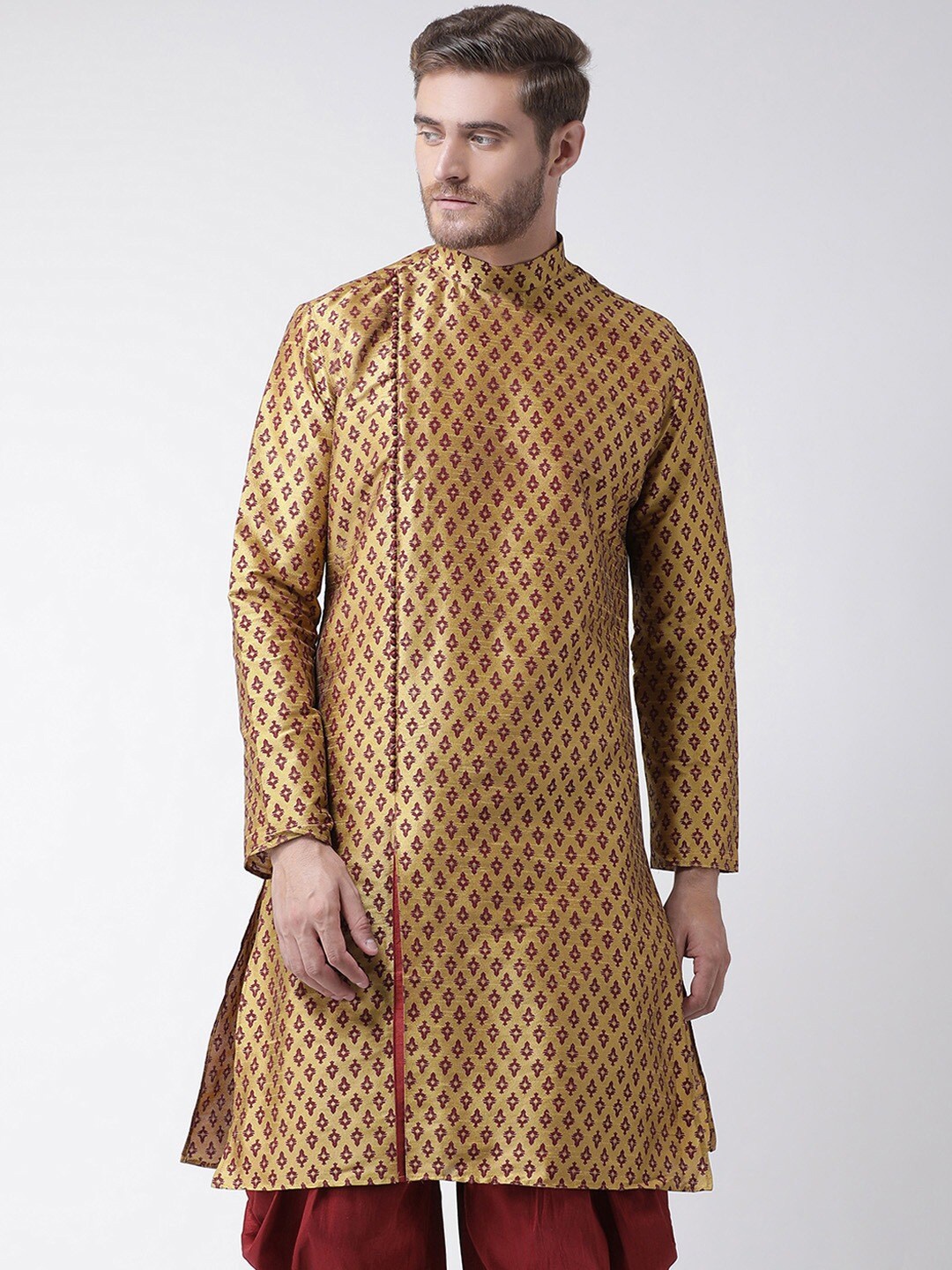 

DEYANN Mandarin collar Long Sleeves Ethnic Motifs Thread Work Kurta, Brown