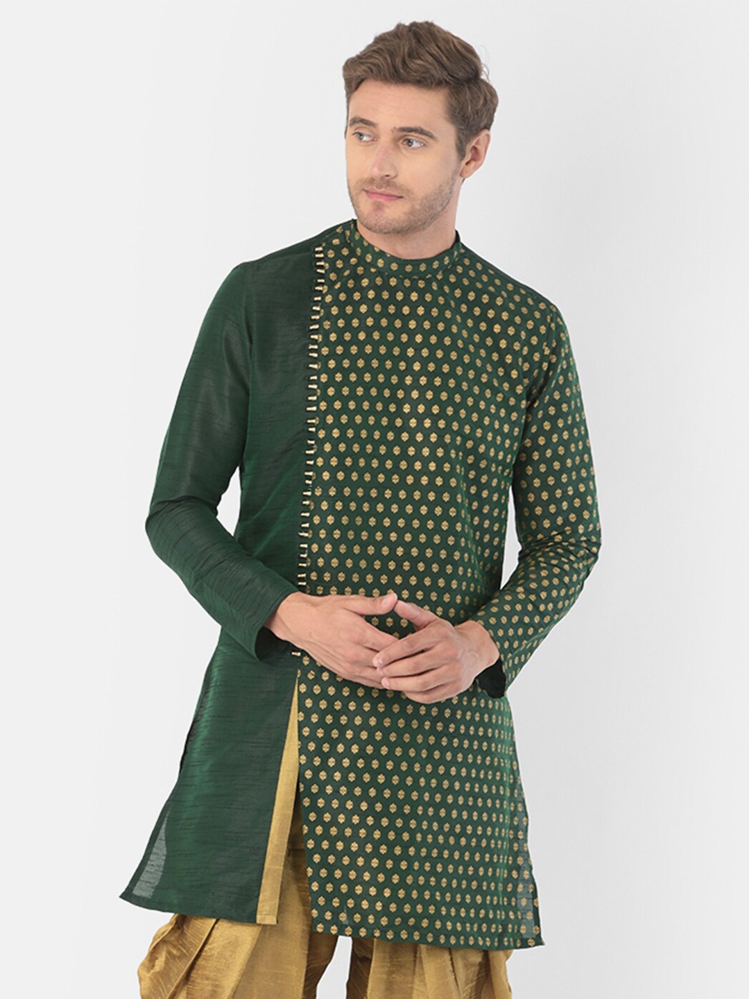 

DEYANN Band Collar Geometric Thread Work Kurta, Green