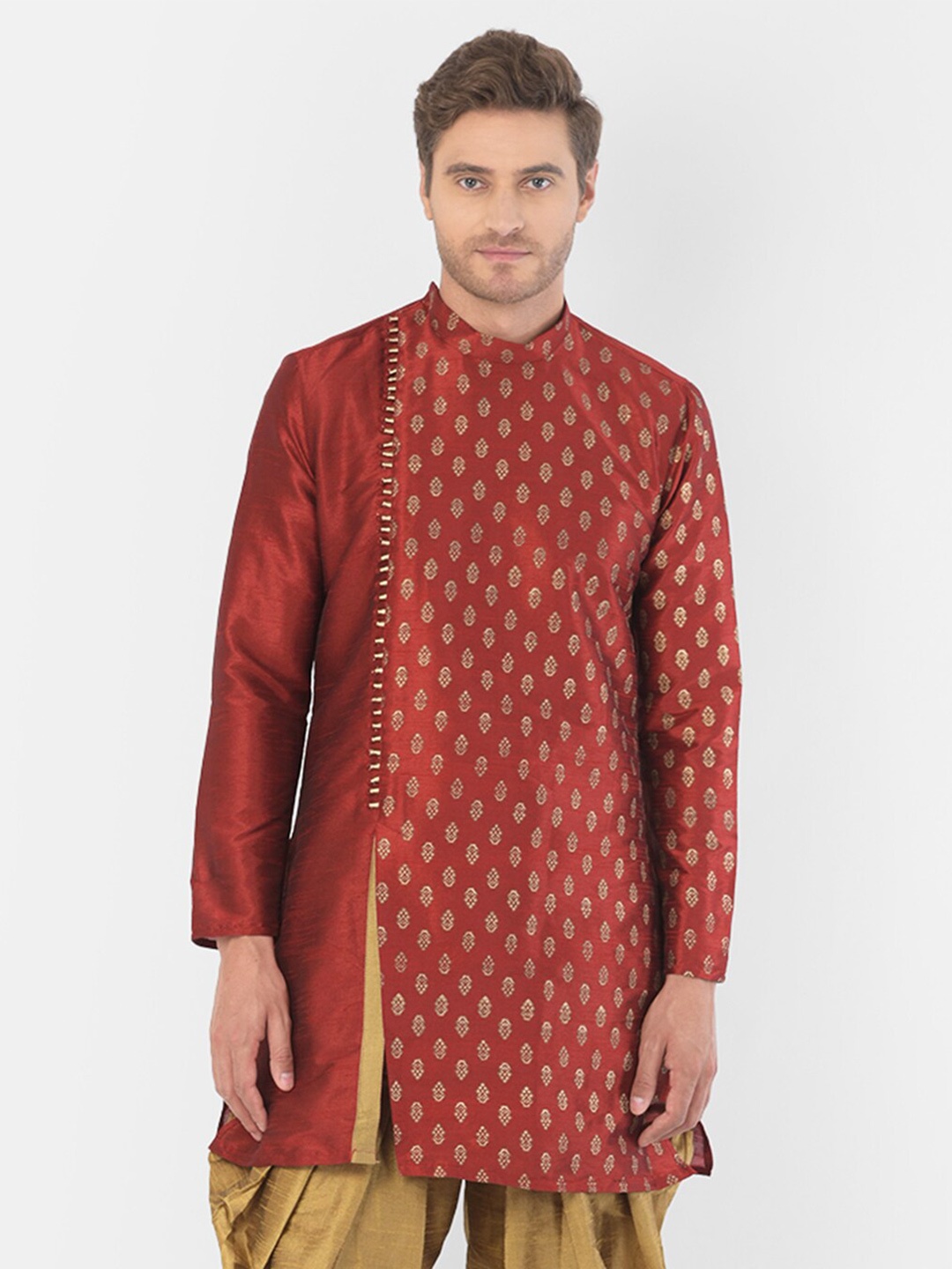 

DEYANN Ethnic Motifs Woven Design Angrakha Dupion Silk Kurta, Red