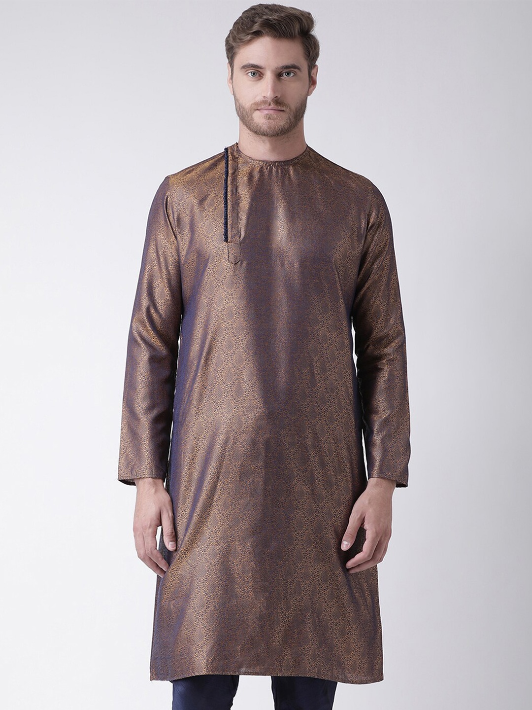 

DEYANN Ethnic Motifs Woven Design Zari Band Collar Silk Straight Kurta, Brown