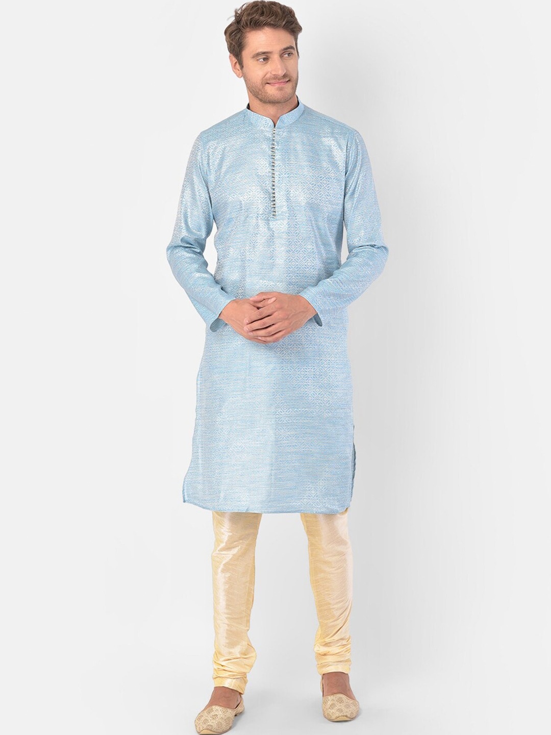 

DEYANN Mandarin Collar Woven Design Thread Work Kurta, Blue