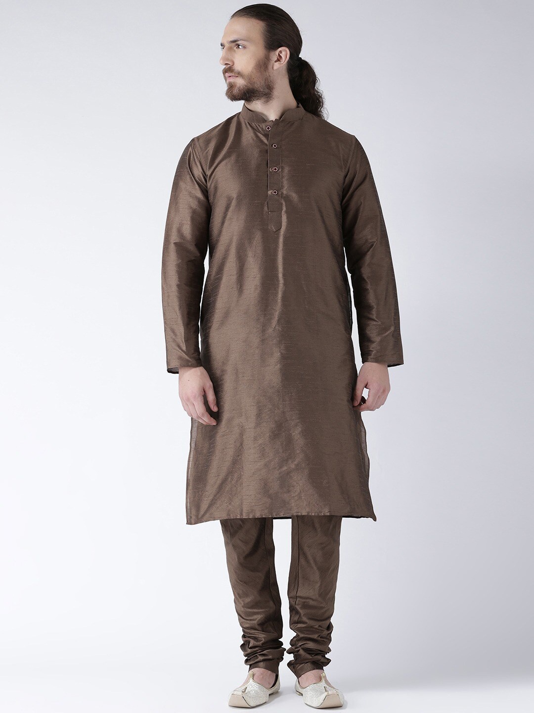 

DEYANN Mandarin Collar Thread Work Kurta, Brown