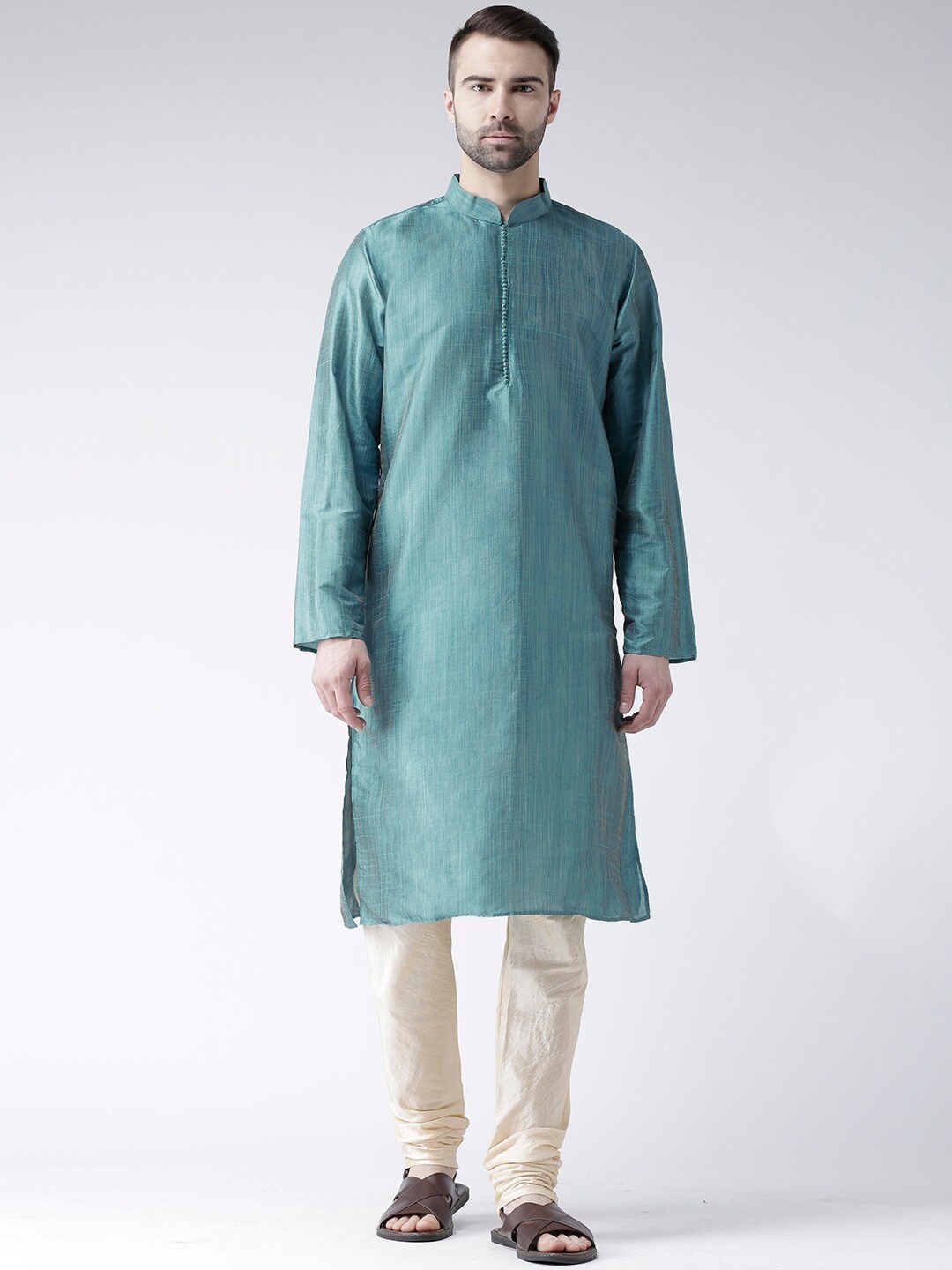 

DEYANN Mandarin collar Long Sleeves Woven Design Straight Kurta, Blue