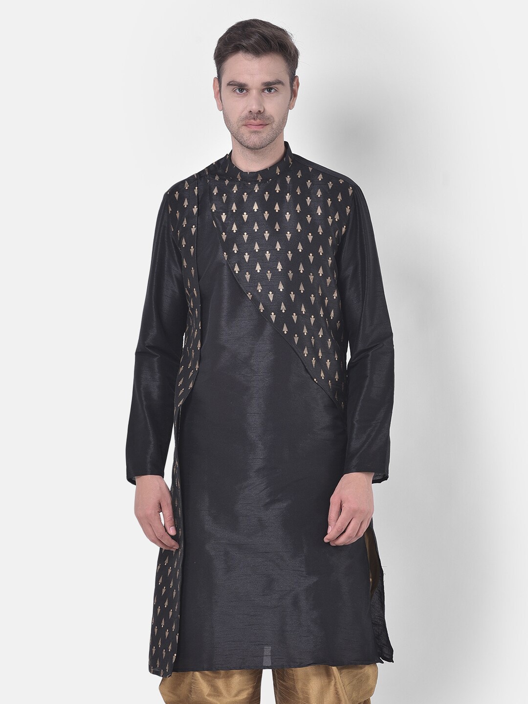 

DEYANN Ethnic Motifs Woven Design Angrakha Dupion Silk Kurta, Black